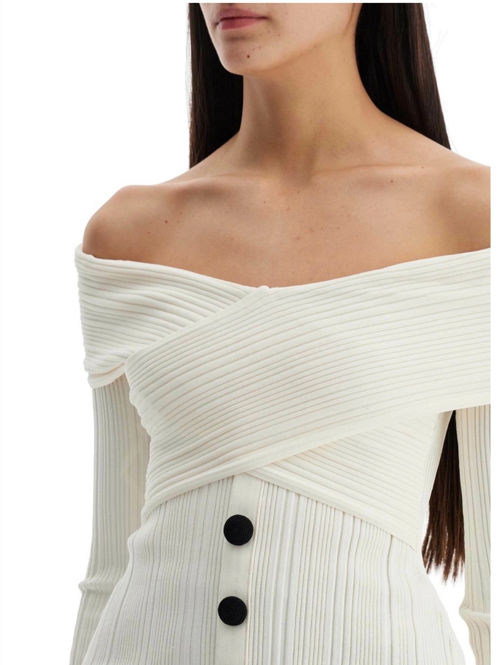 Self-Portrait Off-the-Shoulder Cream Ribbed Sweater with Black Buttons